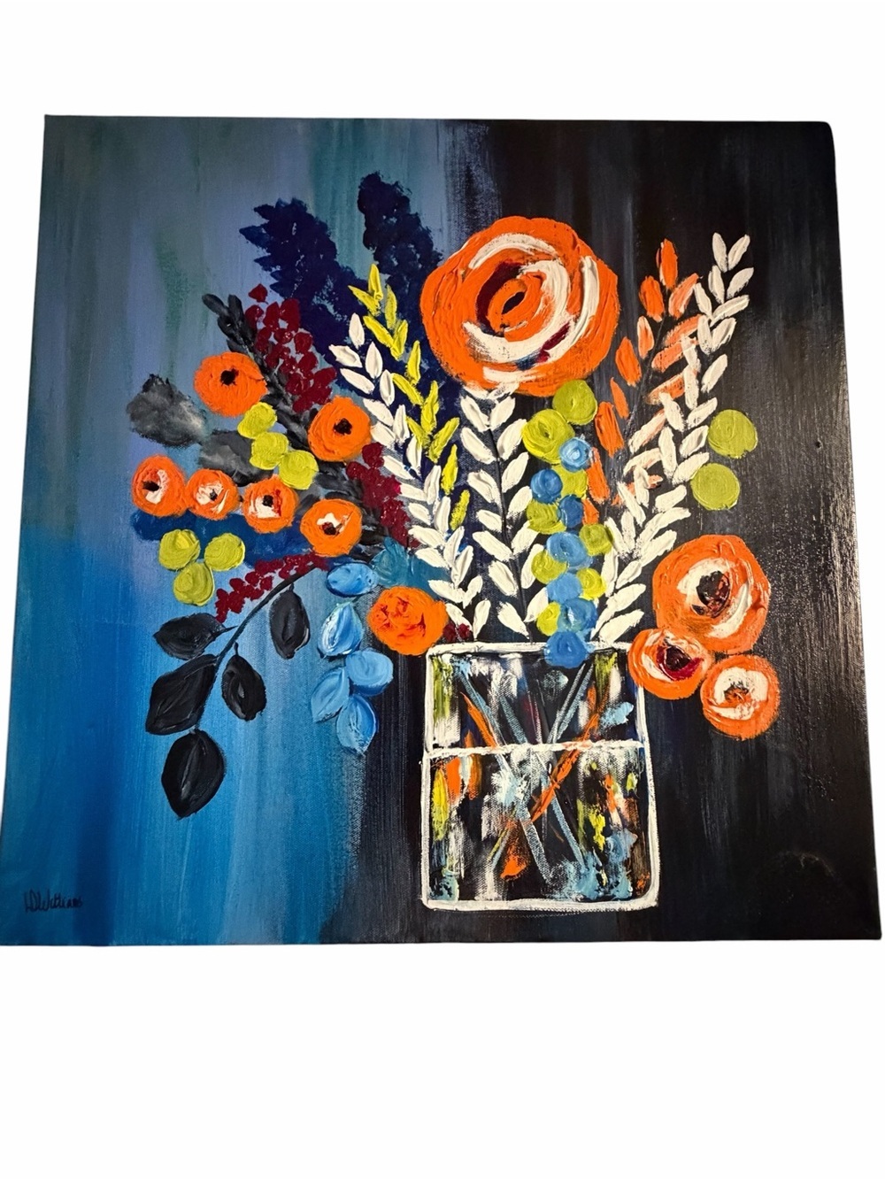 Original Acrylic Artwork Orange Blooms Impressionism 20 x 20"